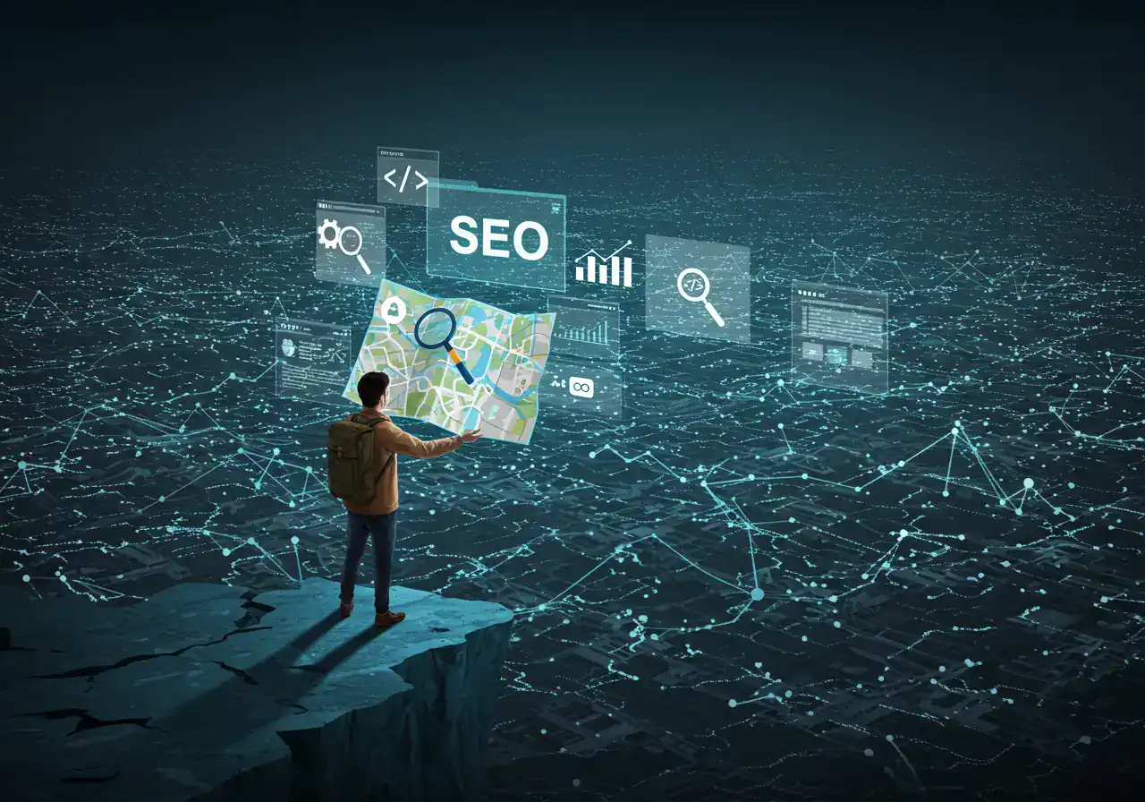 ilustración conceptual de SEO como exploración de un mundo digital para entender cómo funcionan los motores de búsqueda