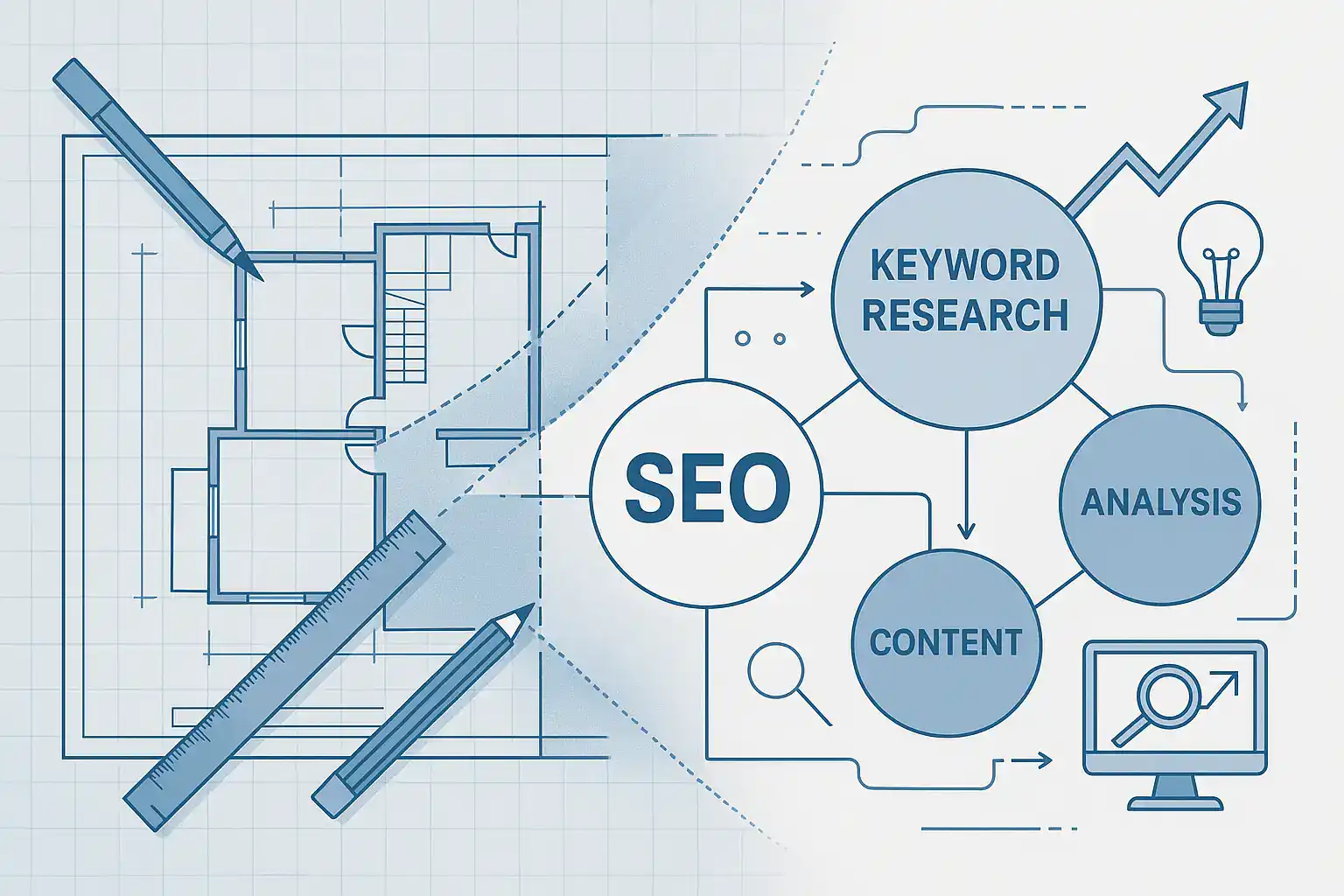 Plano detallado de un arquitecto representando la estrategia SEO basada en investigación de palabras clave.