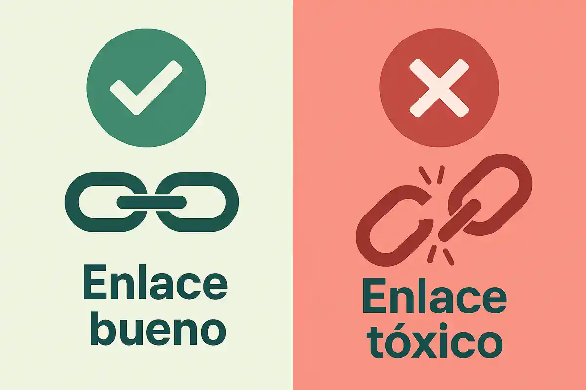 comparativa-enlace-bueno-toxico-seo Ilustración comparativa de enlace bueno y enlace tóxico en estrategias de SEO