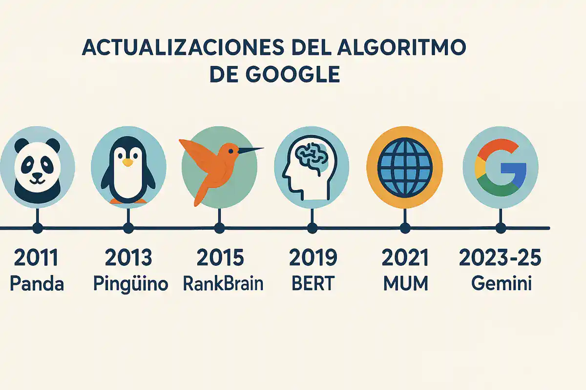 evolucion-algoritmo-google-seo Línea de tiempo visual de la evolución de los algoritmos de Google hasta Gemini