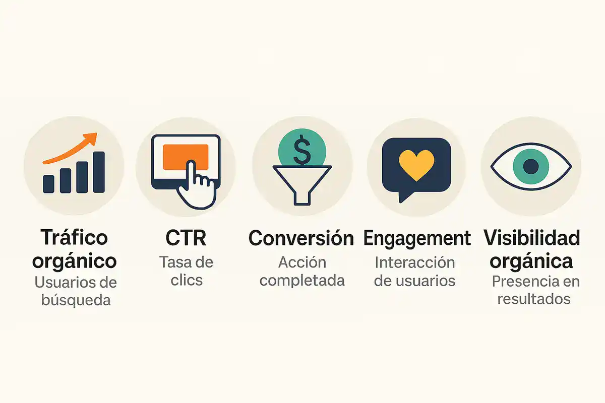 kpis-seo-mas-importantes Infografía con los principales KPIs SEO: tráfico, CTR, conversión, engagement y visibilidad