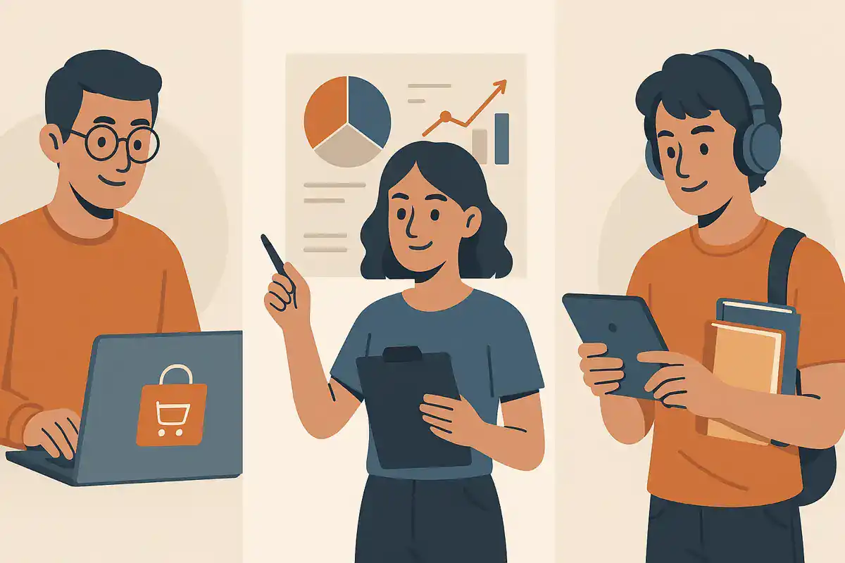 perfiles-usuarios-guia-seo Ilustración de los tres perfiles objetivo de la guía SEO: emprendedor, marketer y estudiante