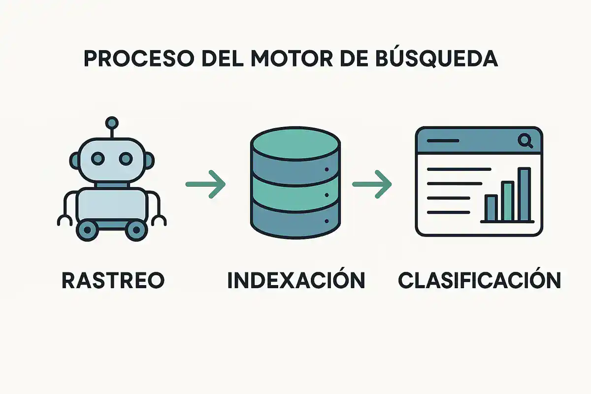 proceso-motores-busqueda-seo Infografía con las fases del rastreo, indexación y ranking de un motor de búsqueda